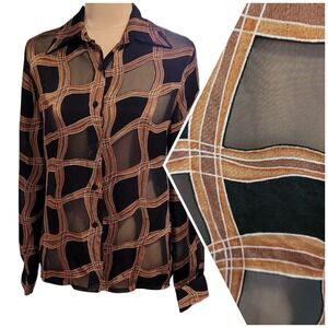 Sisley Black Sheer Plaid Button-Up Blouse with Brown Grid